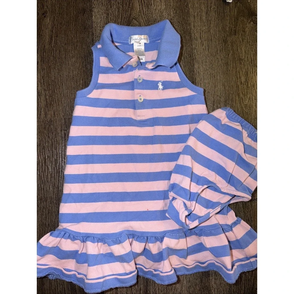 Ralph Lauren Polo Dress Girls 24m Pink Blue Striped Sleeveless Ruffle Hem